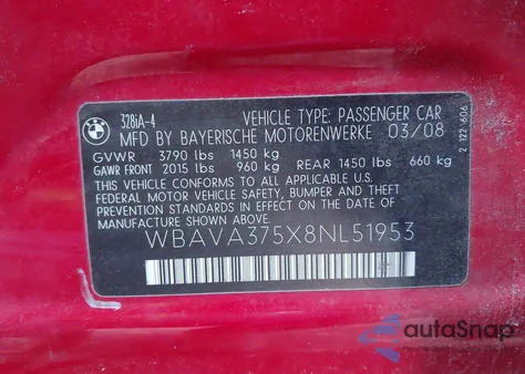 2008 BMW 328I из США, поврежденный, VIN WBAVA375X8NL51953